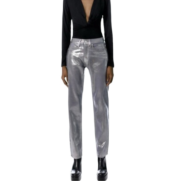 Zara Metallic Silver Straight Leg Jeans Size 4 - Picture 4 of 13
